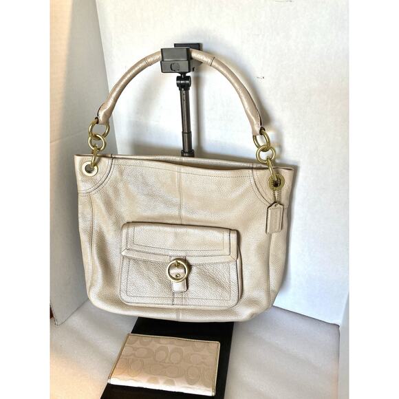 Coach Penelope Cream Champaign Metallic Leather Tote Bag Purse And Wallet Fold - Picture 1 of 16